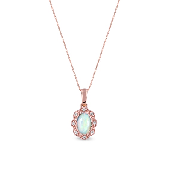 Oval Opal and Diamond Accent Scallop Frame Art Deco Pendant in 10K Rose Gold