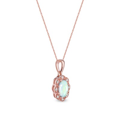 Oval Opal and Diamond Accent Scallop Frame Art Deco Pendant in 10K Rose Gold