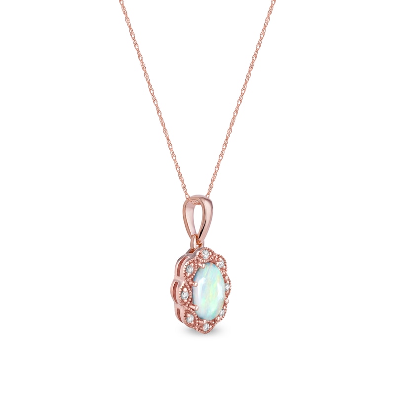 Oval Opal and Diamond Accent Scallop Frame Art Deco Pendant in 10K Rose Gold