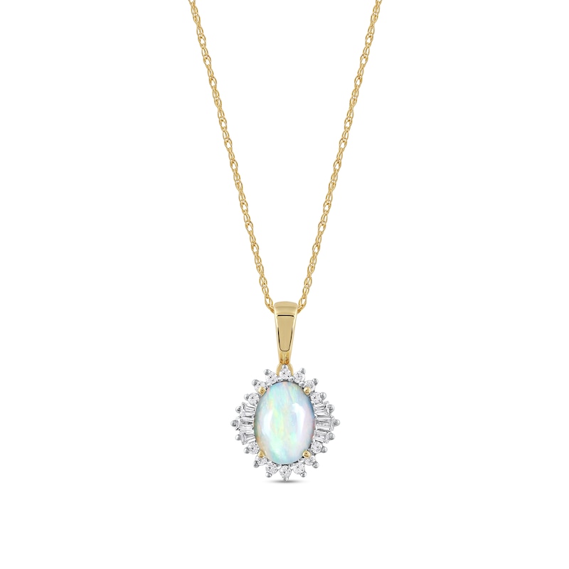 Oval Opal and 0.115 CT. T.W. Baguette and Round Diamond Starburst Frame Pendant in 10K Gold|Peoples Jewellers