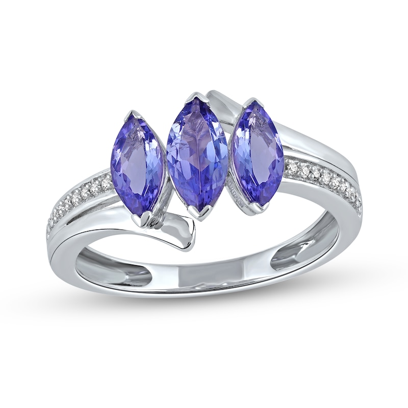 Main Image 1 of Marquise Tanzanite and 0.04 CT. T.W. Diamond Three Stone Bypass Ring in 10K White Gold