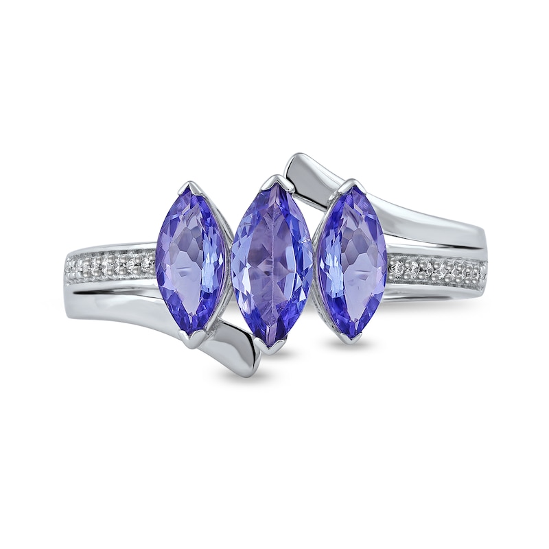 Main Image 3 of Marquise Tanzanite and 0.04 CT. T.W. Diamond Three Stone Bypass Ring in 10K White Gold