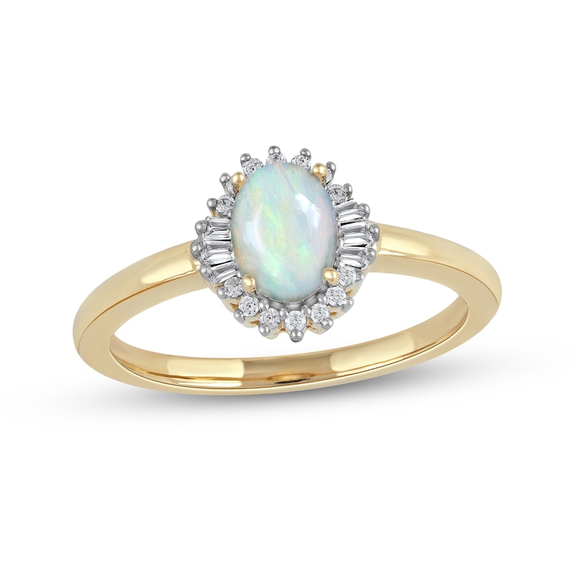 Oval Opal and 0.115 CT. T.W. Baguette and Round Diamond Starburst Frame Ring in 10K Gold