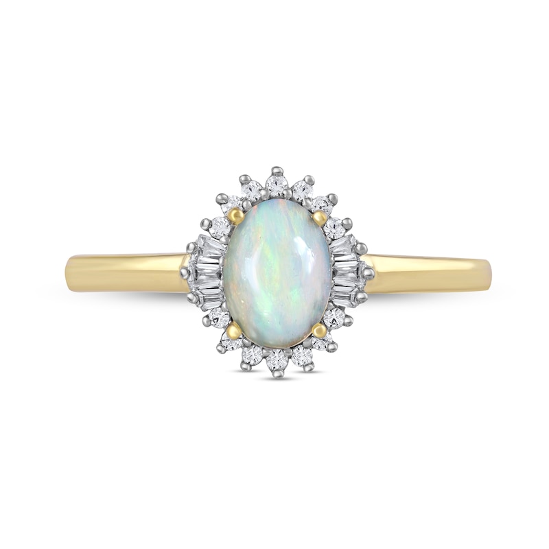 Oval Opal and 0.115 CT. T.W. Baguette and Round Diamond Starburst Frame Ring in 10K Gold|Peoples Jewellers