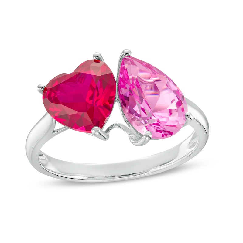Heart-Shaped Lab-Created Ruby and Pear-Shaped Pink Lab-Created Sapphire Two Stone Ring in 10K White Gold