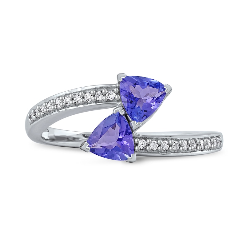 5.0mm Trillion-Cut Tanzanite and 0.086 CT. T.W. Diamond Bypass Wrap Ring in 10K White Gold