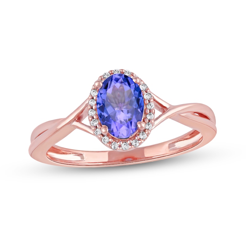 Main Image 1 of Oval Tanzanite and 0.04 CT. T.W. Diamond Frame Twist Shank Ring in 10K Rose Gold
