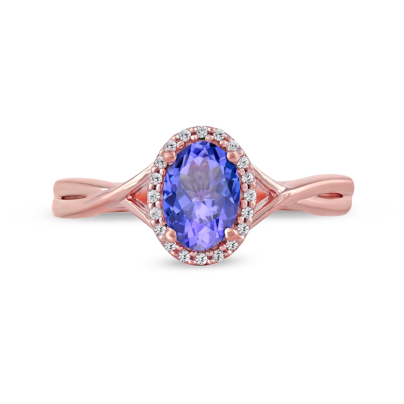 Main Image 3 of Oval Tanzanite and 0.04 CT. T.W. Diamond Frame Twist Shank Ring in 10K Rose Gold