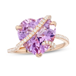EFFY™ Collection 12.0mm Heart-Shaped Pink Quartz and 0.21 CT. T.W. Diamond Crossover Ring in 14K Rose Gold