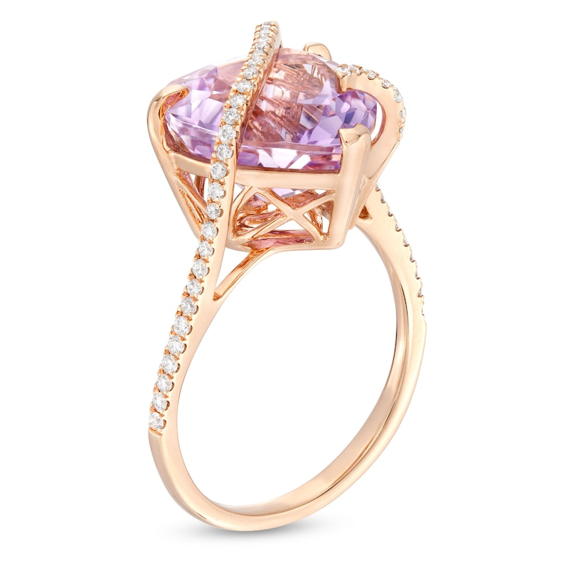 Main Image 3 of EFFY™ Collection 12.0mm Heart-Shaped Pink Quartz and 0.21 CT. T.W. Diamond Crossover Ring in 14K Rose Gold
