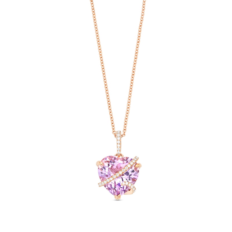 EFFY™ Collection 12.0mm Heart-Shaped Pink Quartz and 0.14 CT. T.W. Diamond Crossover Pendant in 14K Rose Gold