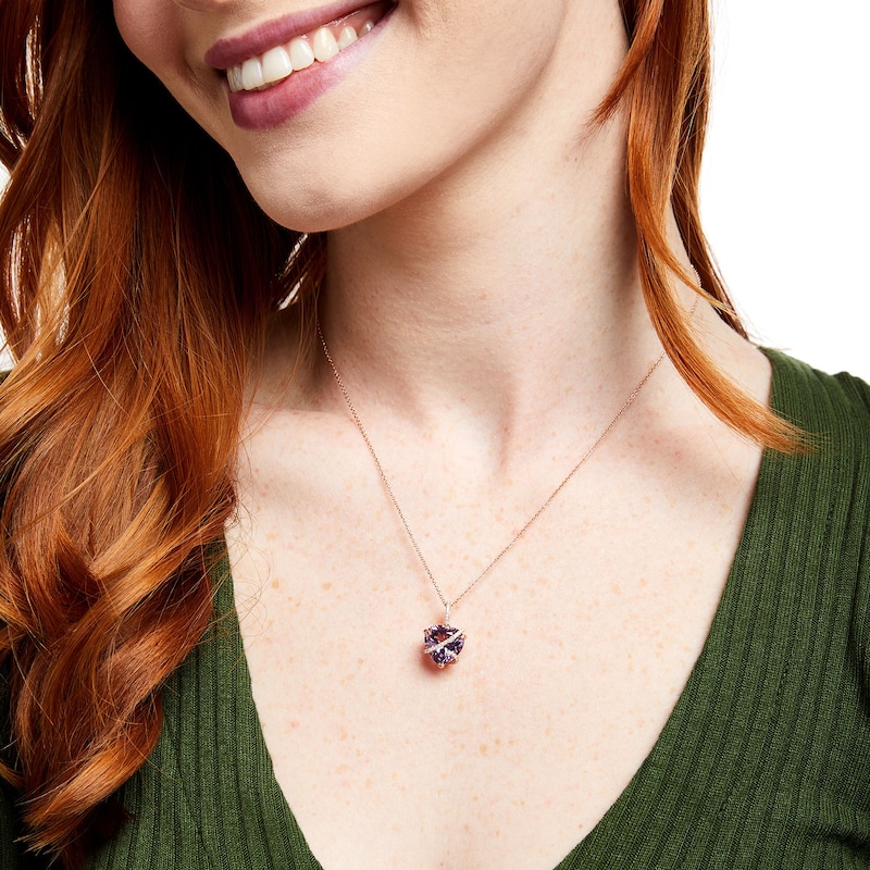 EFFY™ Collection 12.0mm Heart-Shaped Pink Quartz and 0.14 CT. T.W. Diamond Crossover Pendant in 14K Rose Gold