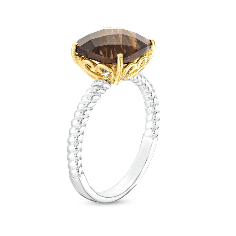 10.0mm Cushion-Cut Smoky Quartz Solitaire Rope-Textured Shank Ring in Sterling Silver and 10K Gold