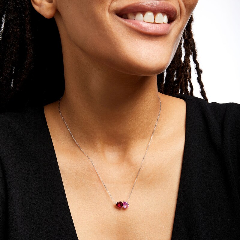 Main Image 2 of Heart-Shaped Lab-Created Ruby and Pear-Shaped Pink Lab-Created Sapphire Two Stone Necklace in 10K White Gold
