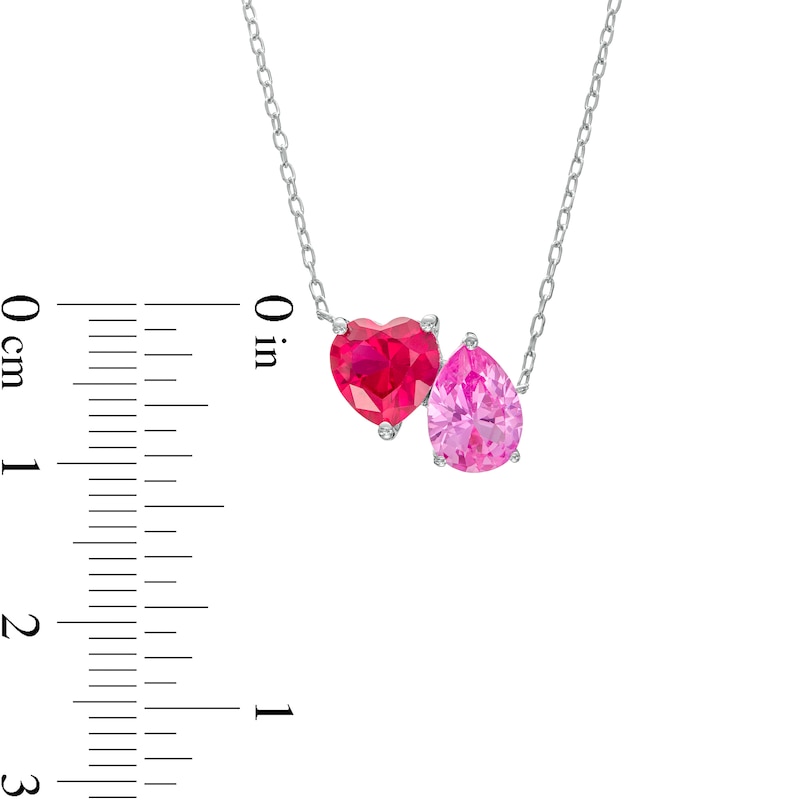 Main Image 3 of Heart-Shaped Lab-Created Ruby and Pear-Shaped Pink Lab-Created Sapphire Two Stone Necklace in 10K White Gold