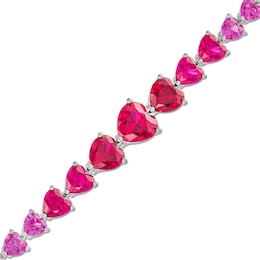 Heart-Shaped Lab-Created Ruby and Pink and White Lab-Created Sapphire Graduated Line Bracelet in Sterling Silver - 7.25&quot;