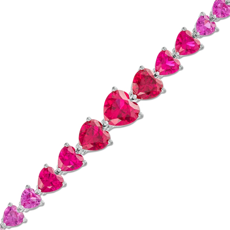 Heart-Shaped Lab-Created Ruby and Pink and White Lab-Created Sapphire Graduated Line Bracelet in Sterling Silver - 7.25"|Peoples Jewellers