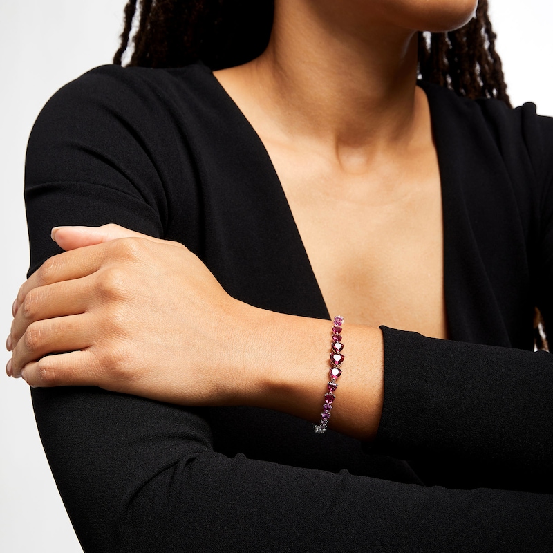 Main Image 2 of Heart-Shaped Lab-Created Ruby and Pink and White Lab-Created Sapphire Graduated Line Bracelet in Sterling Silver - 7.25"