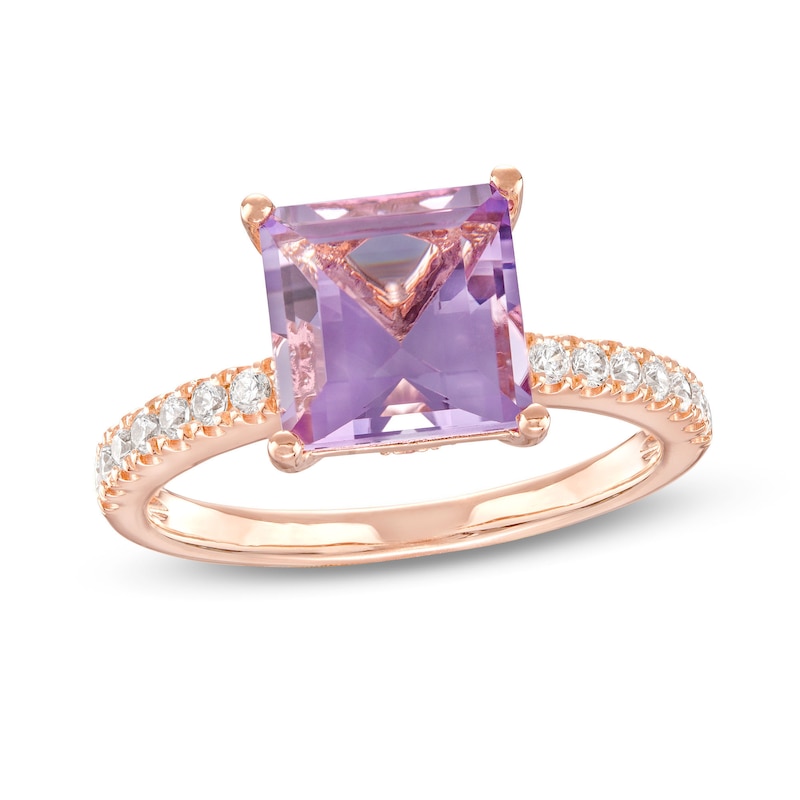 Main Image 1 of 8.0mm Princess-Cut Pink Quartz and 0.25 CT. T.W. Diamond Engagement Ring in 14K Rose Gold