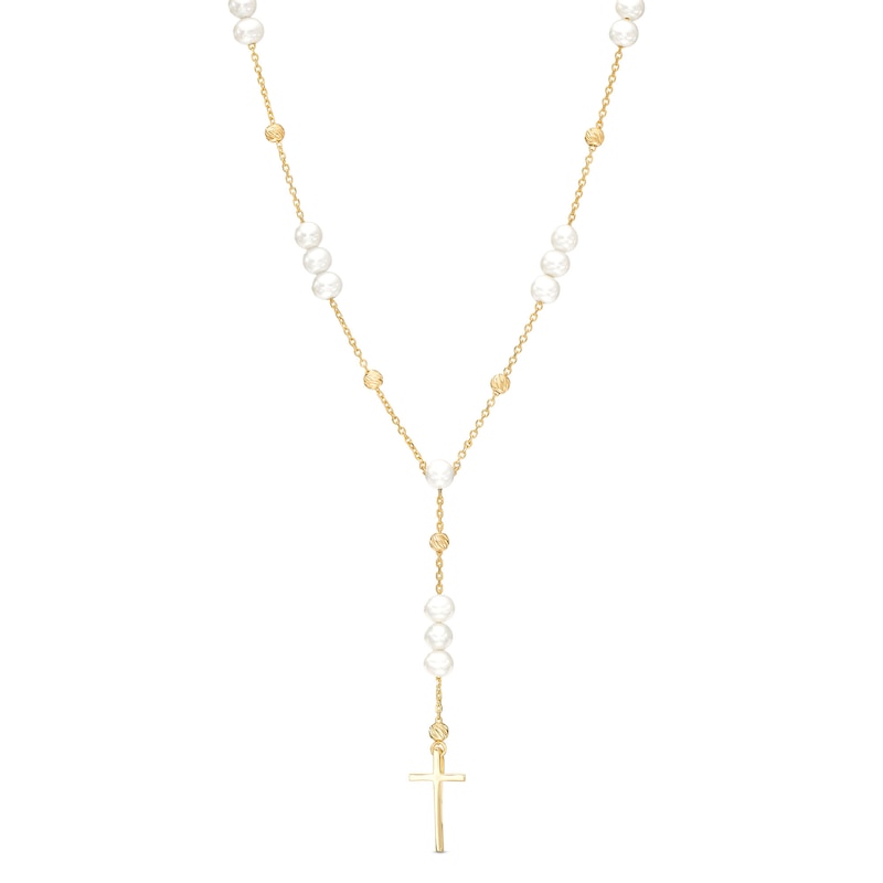 Oval Cultured Freshwater Pearl Cross Station "Y" Necklace in 10K Gold