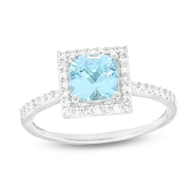 Main Image 1 of 6.0mm Cushion-Cut Aquamarine and 0.23 CT. T.W. Diamond Square-Shaped Frame Ring in 10K White Gold