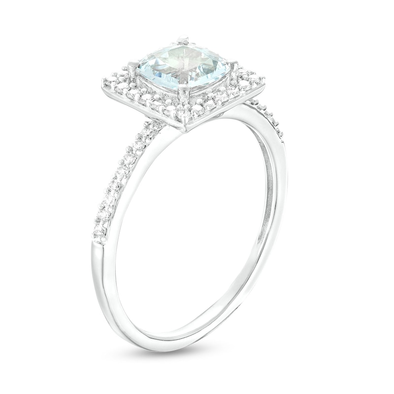 Main Image 3 of 6.0mm Cushion-Cut Aquamarine and 0.23 CT. T.W. Diamond Square-Shaped Frame Ring in 10K White Gold