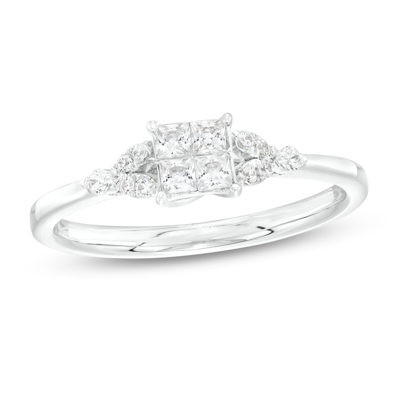 0.32 CT. T.W. Quad Princess-Cut Diamond Leaf-Sides Engagement Ring in 10K White Gold