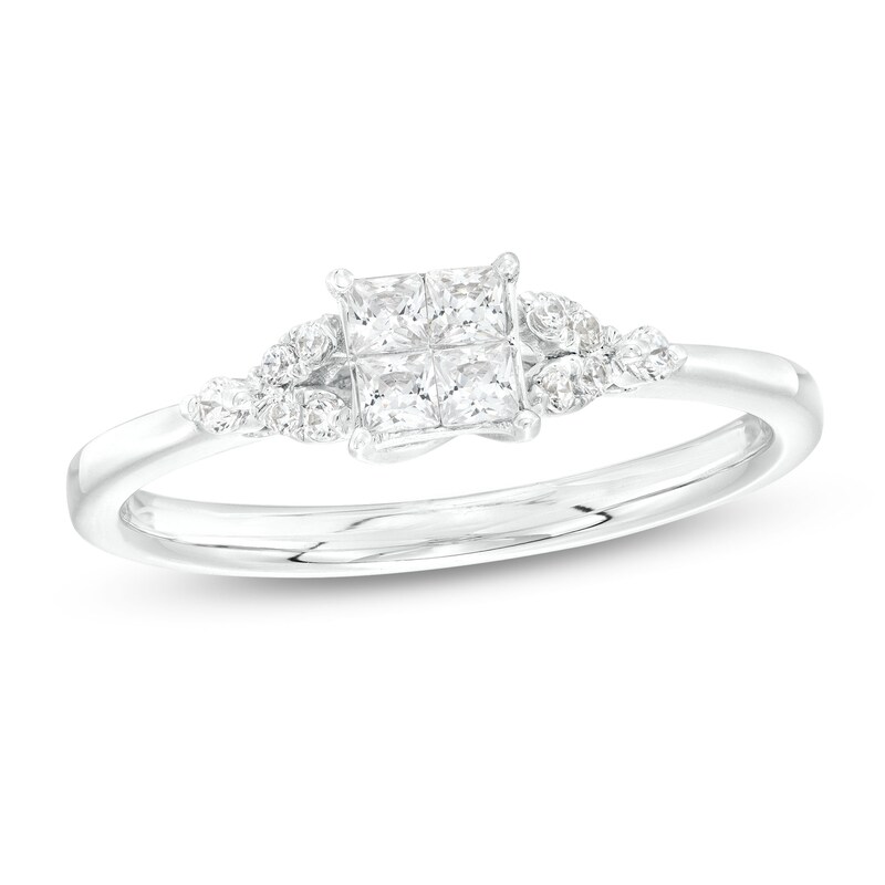 0.32 CT. T.W. Quad Princess-Cut Diamond Leaf-Sides Engagement Ring in 10K White Gold