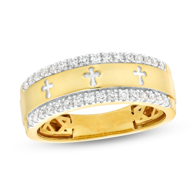 Men's 0.50 CT. T.W. Diamond Border Cutout Cross Trio Wedding Band in 10K Gold