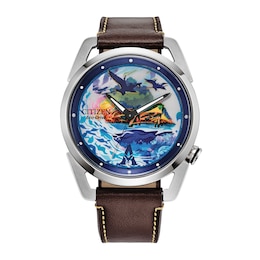 Men's Citizen Disney Avatar Eco-Drive® Brown Leather Strap Watch with Blue Dial (Model: AW2060-02W)