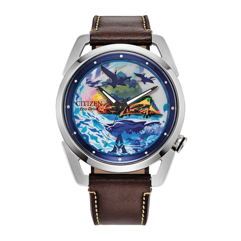 Main Image 1 of Men's Citizen Disney Avatar Eco-Drive® Brown Leather Strap Watch with Blue Dial (Model: AW2060-02W)
