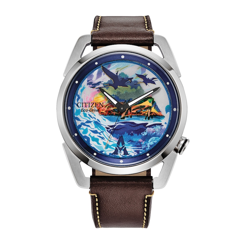 Men's Citizen Disney Avatar Eco-Drive® Brown Leather Strap Watch with Blue Dial (Model: AW2060-02W)|Peoples Jewellers