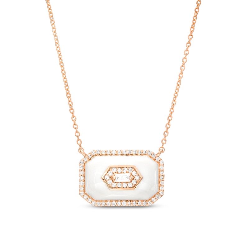 0.20 CT. T.W. Baguette Diamond Octagonal Frame White Enamel Necklace in Sterling Silver with 14K Rose Gold Plate