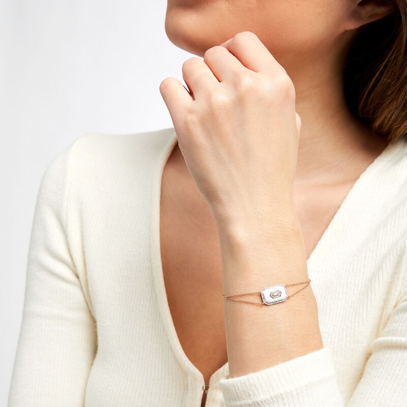 Main Image 2 of 0.20 CT. T.W. Baguette Diamond Octagonal Frame White Enamel Bracelet in Sterling Silver with 14K Rose Gold Plate