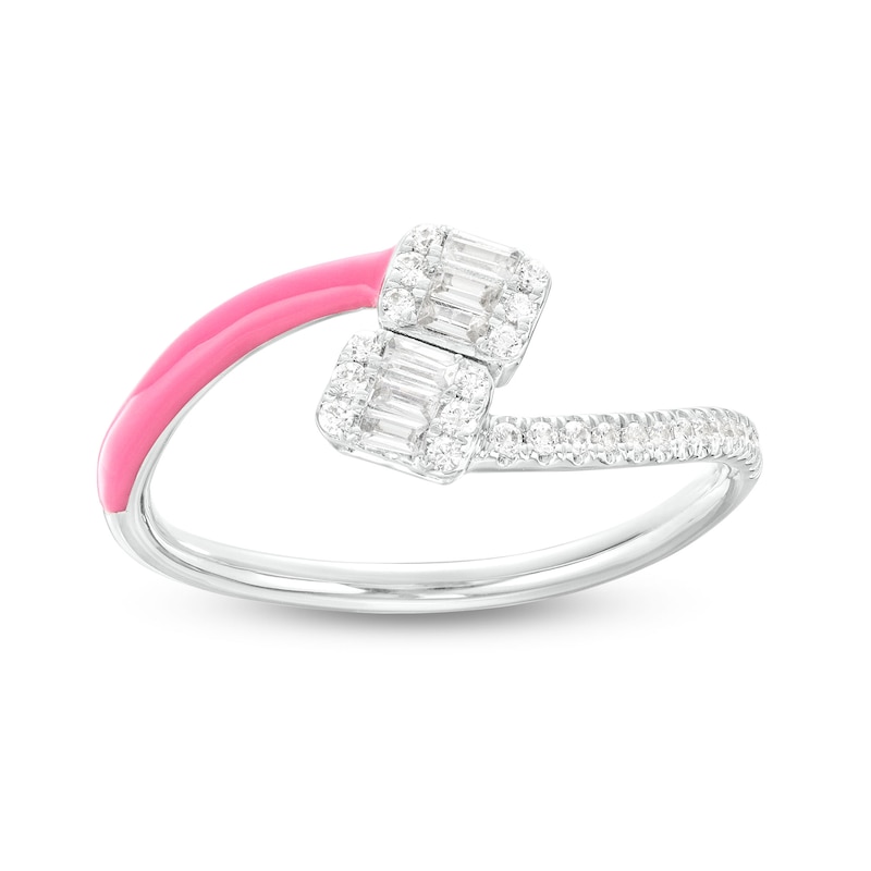 0.19 CT. T.W. Cushion-Shaped Multi-Diamond Pink Enamel Open Split Shank Ring in Sterling Silver