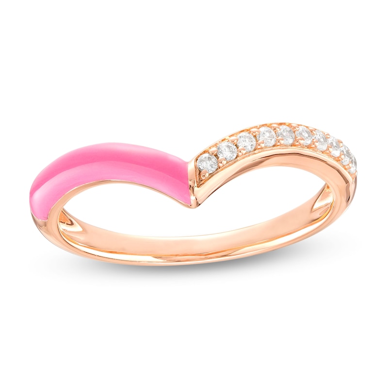Main Image 1 of 0.09 CT. T.W. Diamond Pink Enamel Chevron Ring in Sterling Silver with 14K Rose Gold Plate