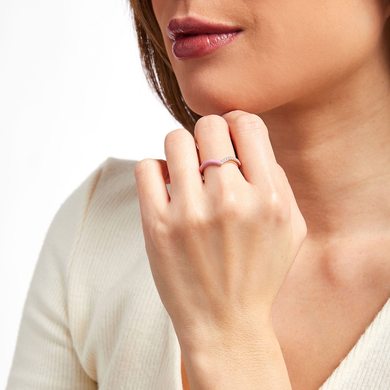 Main Image 2 of 0.09 CT. T.W. Diamond Pink Enamel Chevron Ring in Sterling Silver with 14K Rose Gold Plate