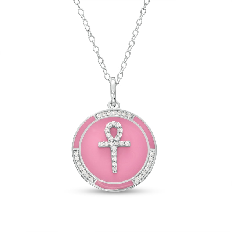 0.147 CT. T.W. Diamond Pink Enamel Ankh Pendant in Sterling Silver