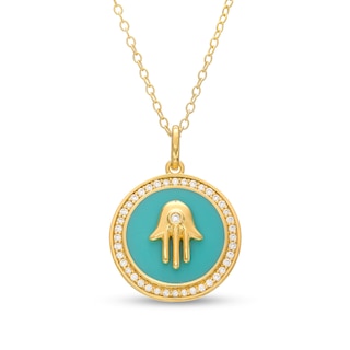 0.23 CT. T.W. Diamond Frame Aqua Blue Enamel Hamsa Circle Pendant in Sterling Silver with 14K Gold Plate
