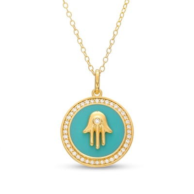 0.23 CT. T.W. Diamond Frame Aqua Blue Enamel Hamsa Circle Pendant in Sterling Silver with 14K Gold Plate