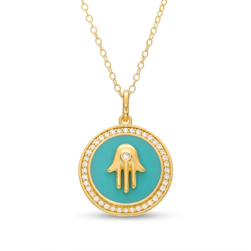 0.23 CT. T.W. Diamond Frame Aqua Blue Enamel Hamsa Circle Pendant in Sterling Silver with 14K Gold Plate