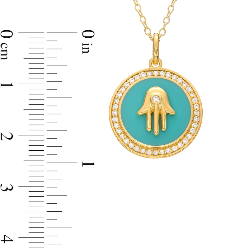 0.23 CT. T.W. Diamond Frame Aqua Blue Enamel Hamsa Circle Pendant in Sterling Silver with 14K Gold Plate