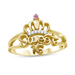 Gemstone and Diamond Accent "Sweet 16" Crown Split Shank Ring (1 Stone)