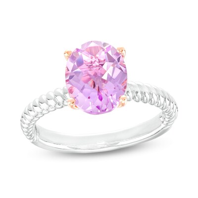 Oval Pink Amethyst Solitaire Rope-Textured Shank Ring in Sterling Silver and 10K Rose Gold