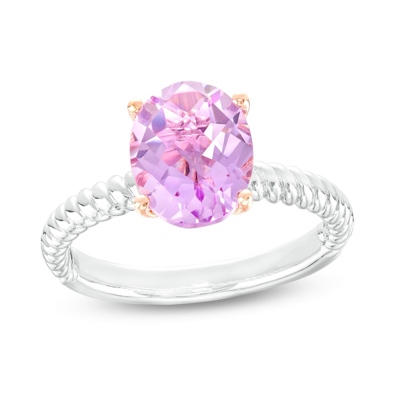 Oval Pink Amethyst Solitaire Rope-Textured Shank Ring in Sterling Silver and 10K Rose Gold