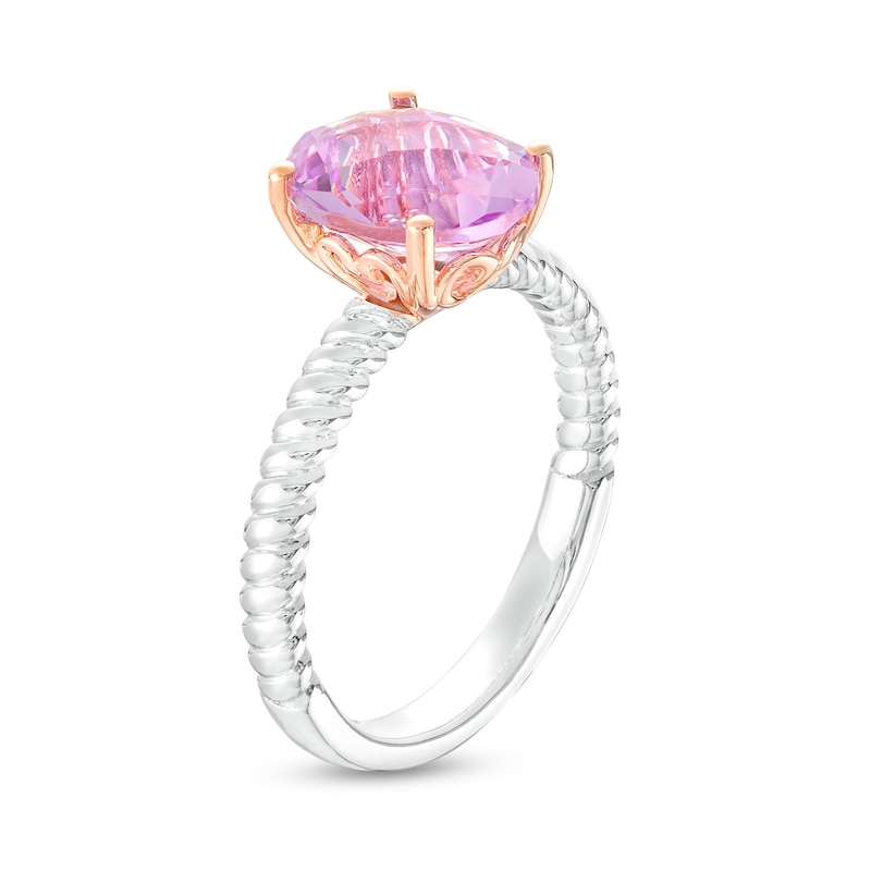 Main Image 3 of Oval Pink Amethyst Solitaire Rope-Textured Shank Ring in Sterling Silver and 10K Rose Gold