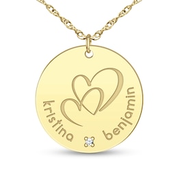 Couple's Diamond Accent Engravable Two Hearts Circle Pendant (2 Names)