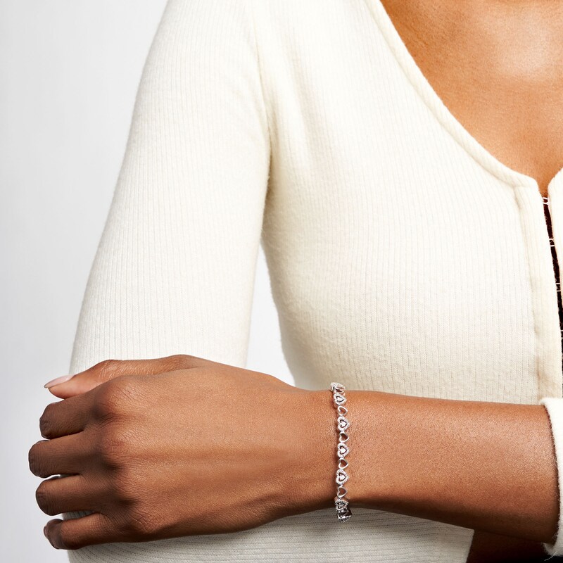 Main Image 2 of 0.04 CT. T.W. Diamond Alternating Heart Link Line Bracelet in Sterling Silver - 7.25"