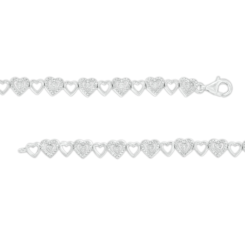 Main Image 3 of 0.04 CT. T.W. Diamond Alternating Heart Link Line Bracelet in Sterling Silver - 7.25"