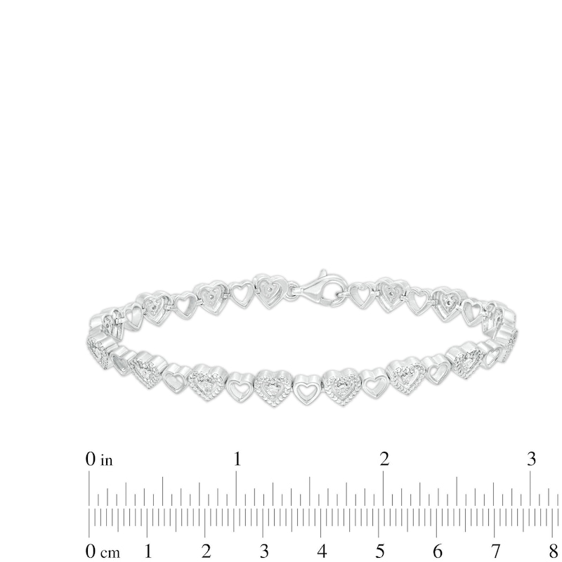 Main Image 4 of 0.04 CT. T.W. Diamond Alternating Heart Link Line Bracelet in Sterling Silver - 7.25"